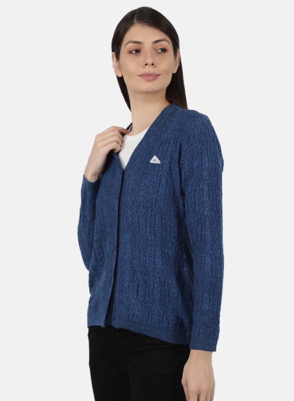 Women Blue Self Design Cardigan