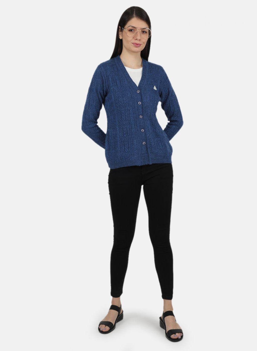 Women Blue Self Design Cardigan