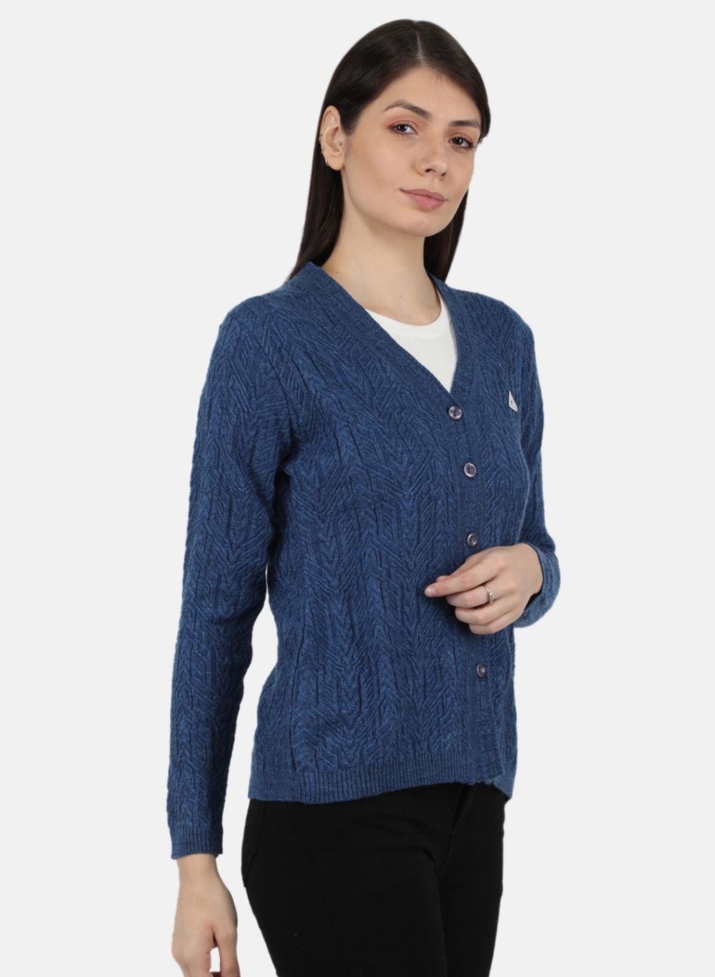 Women Blue Self Design Cardigan