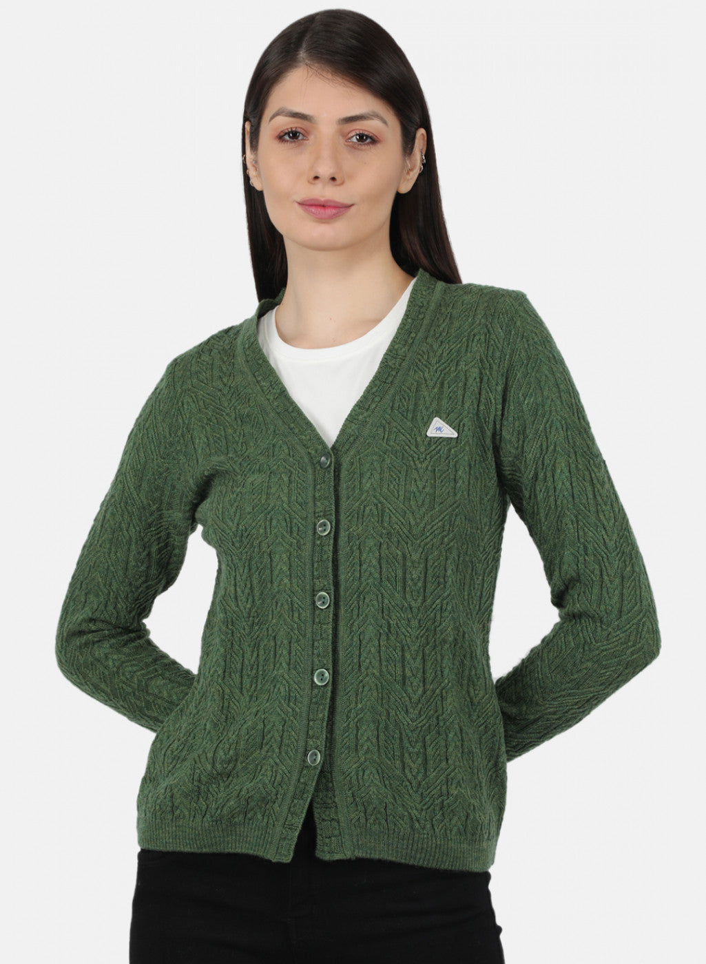 Women Olive Self Design Cardigan