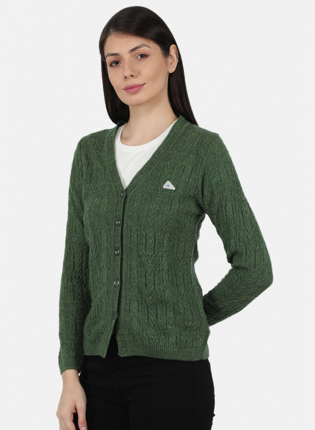 Women Olive Self Design Cardigan