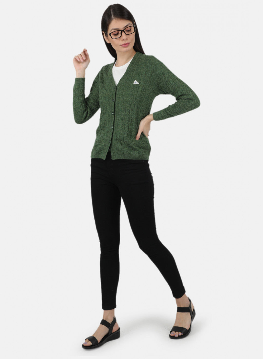 Women Olive Self Design Cardigan