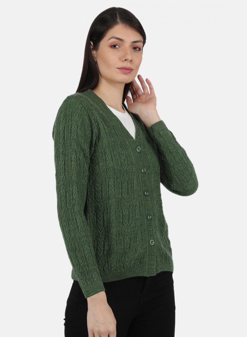 Women Olive Self Design Cardigan