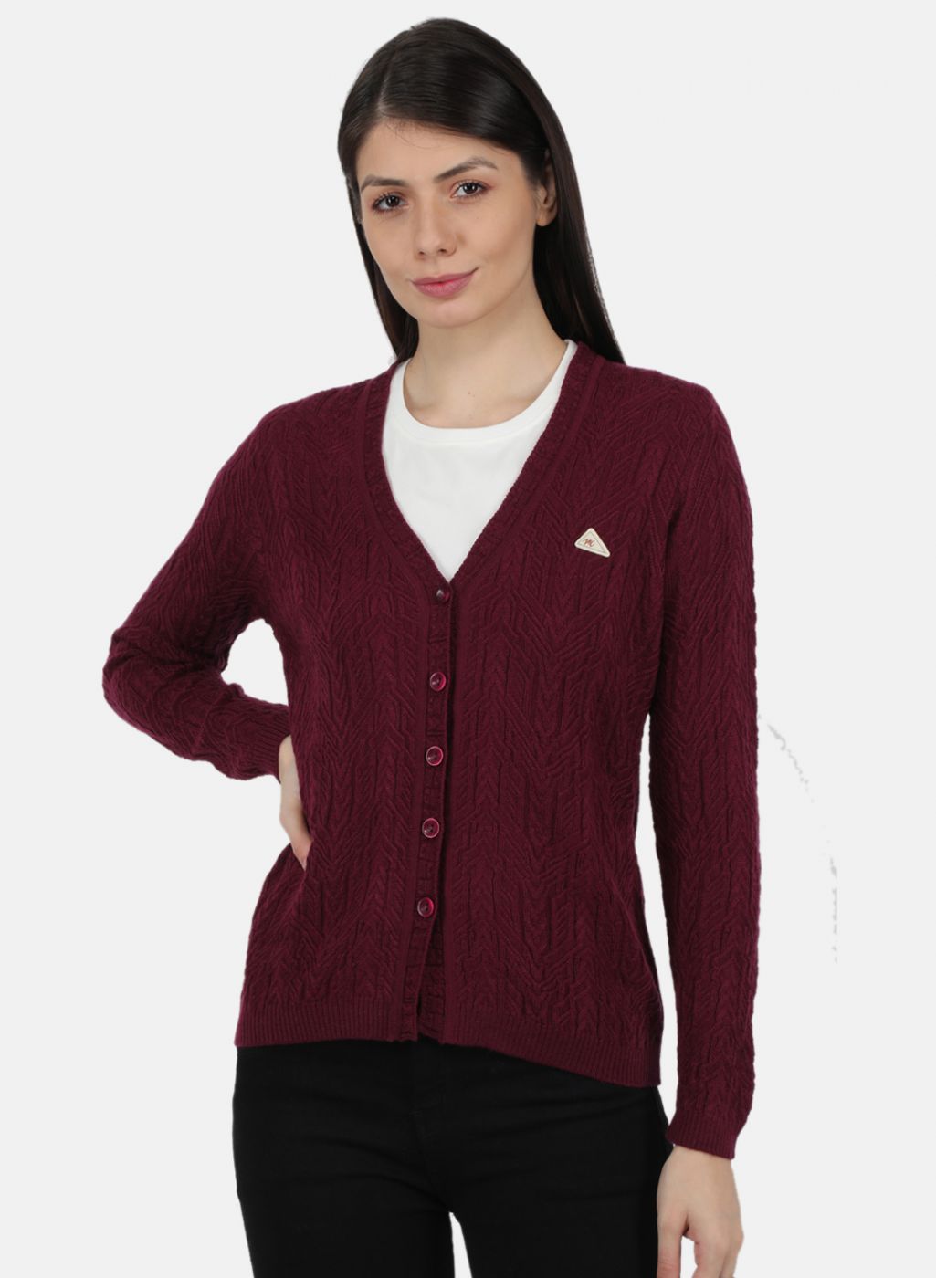 Women Purple Self Design Cardigan