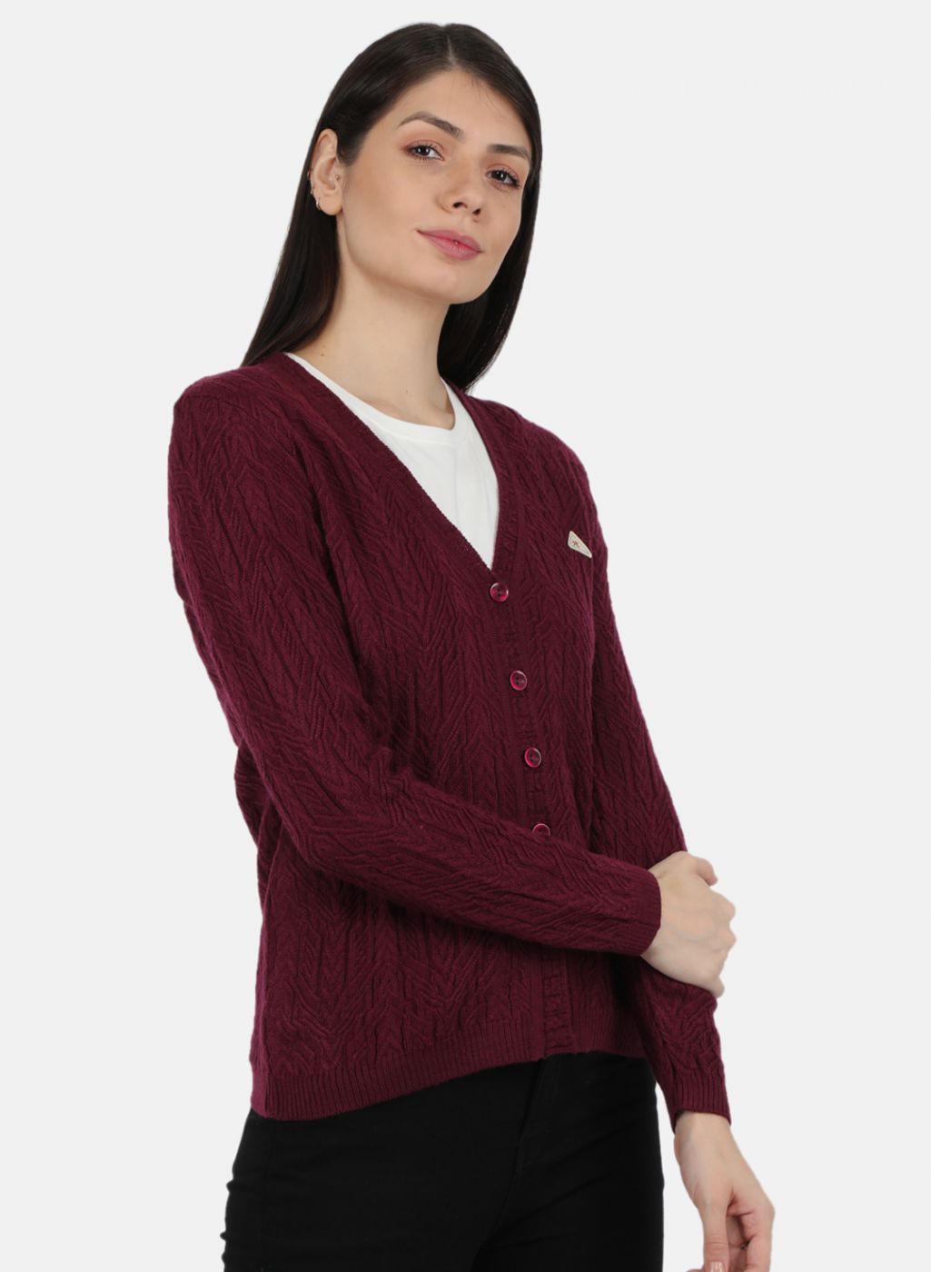 Women Purple Self Design Cardigan