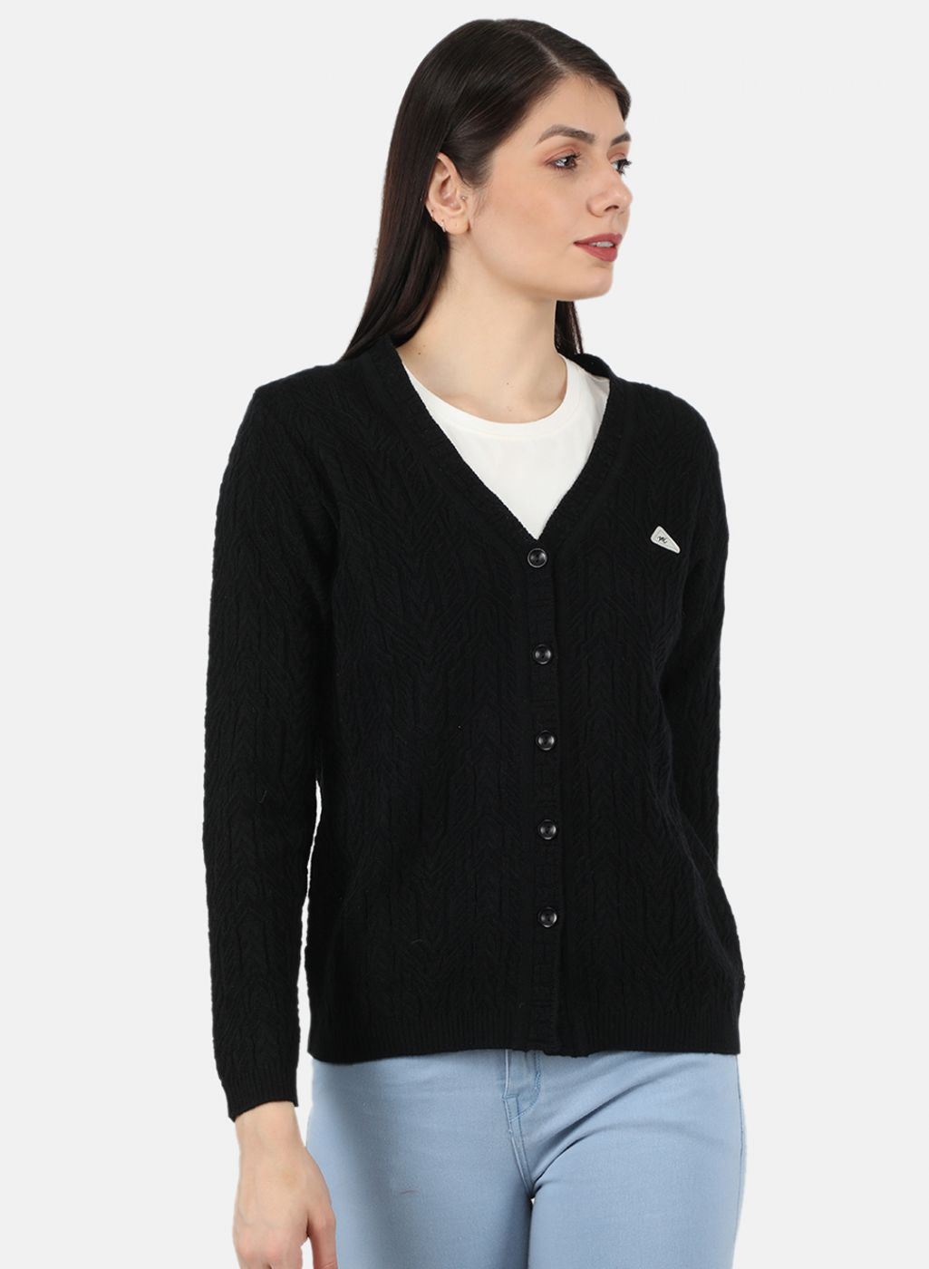 Women Black Self Design Cardigan