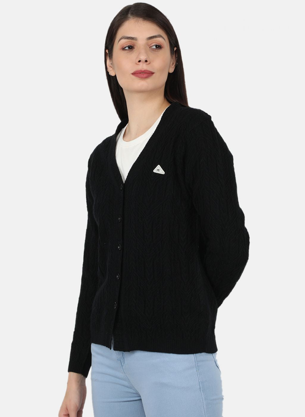 Women Black Self Design Cardigan