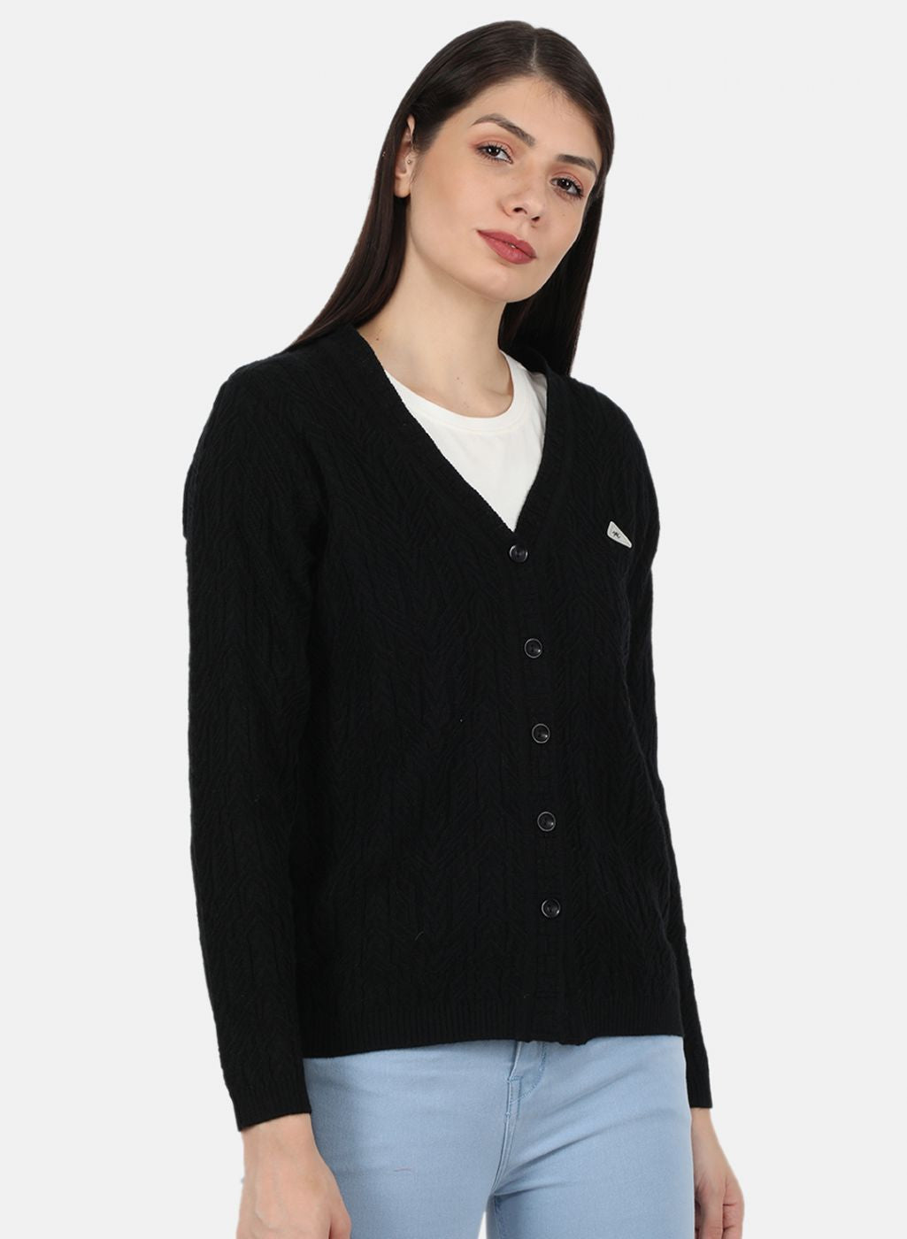 Women Black Self Design Cardigan