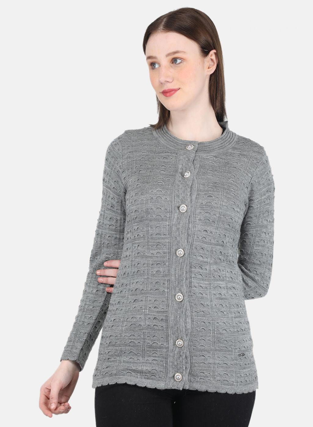 Women Grey Self Design Cardigan