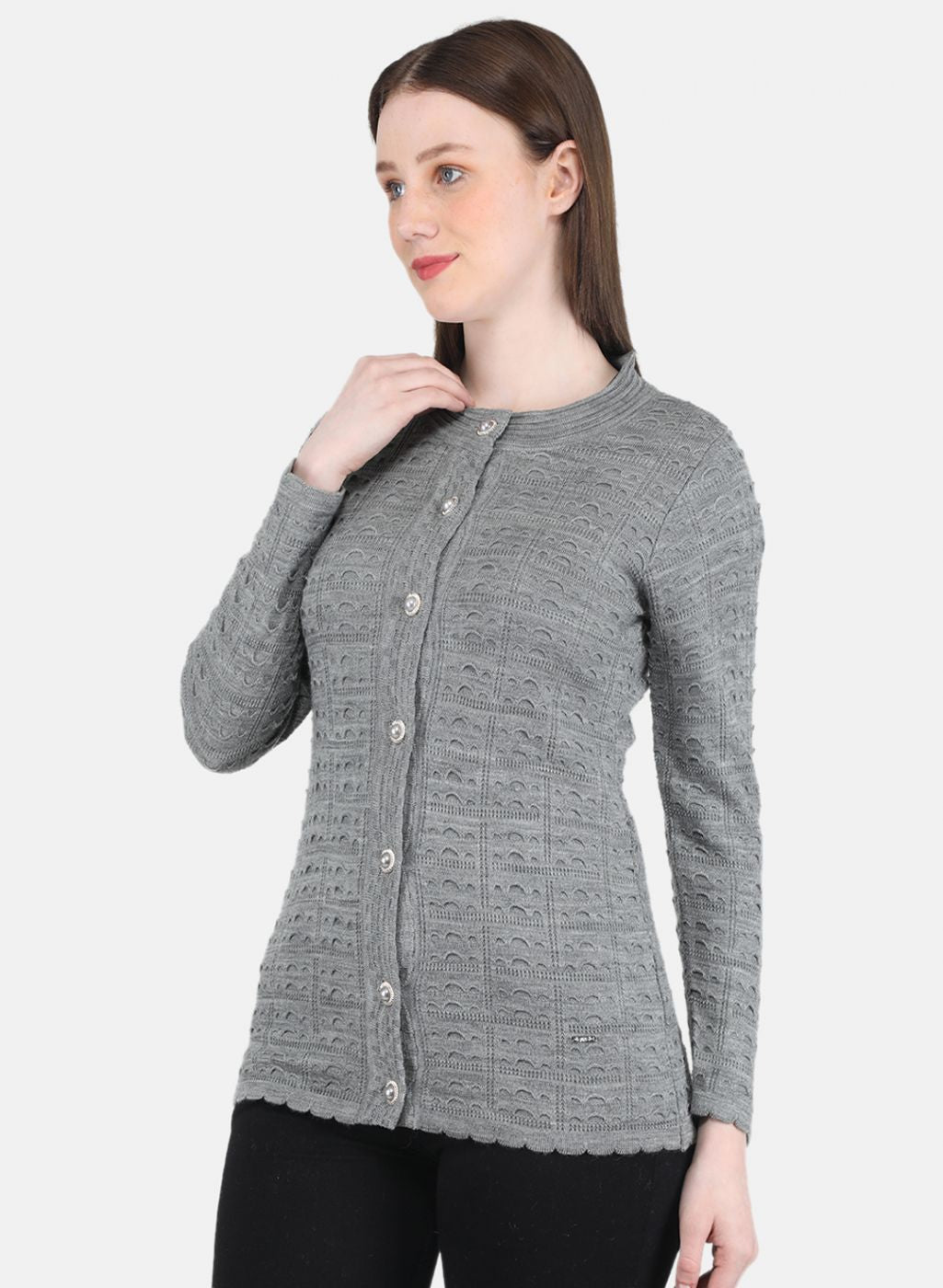 Women Grey Self Design Cardigan