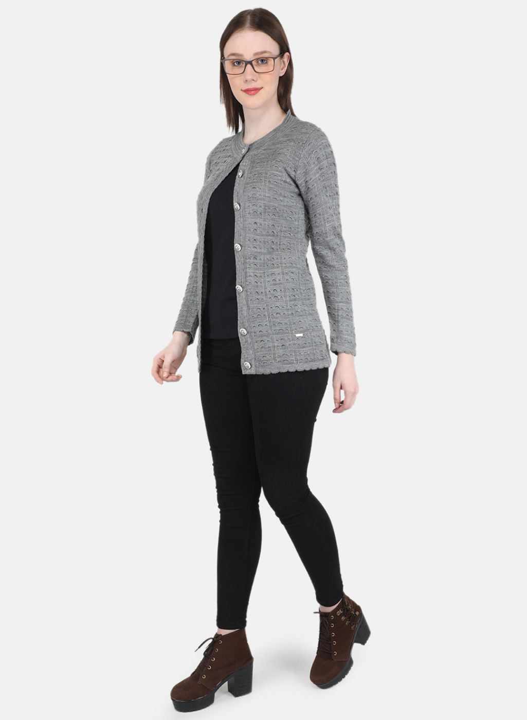 Women Grey Self Design Cardigan