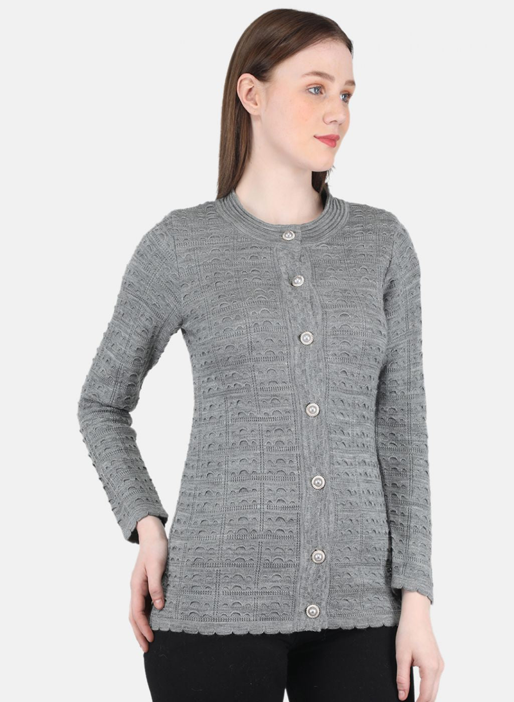 Women Grey Self Design Cardigan