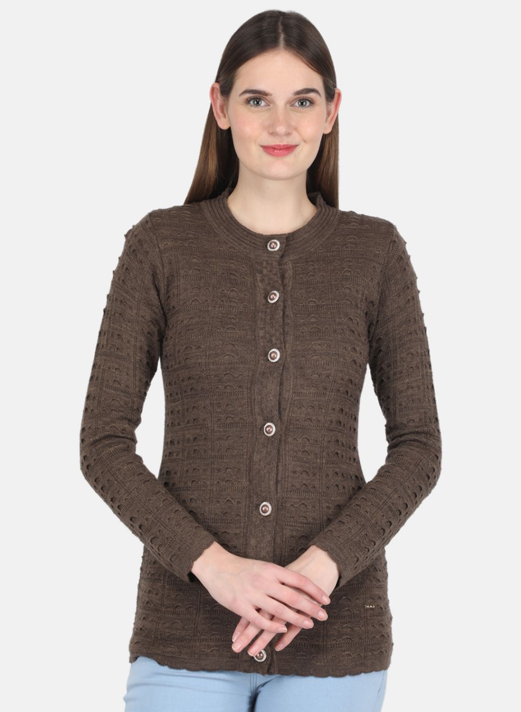 Women Brown Self design Cardigan