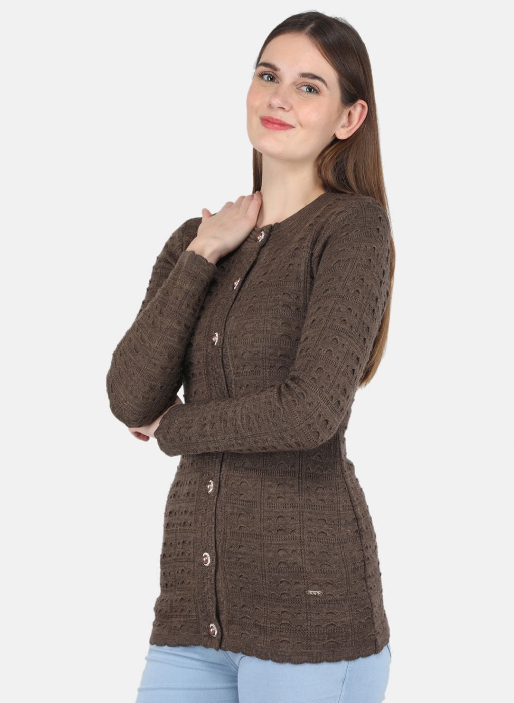 Women Brown Self design Cardigan