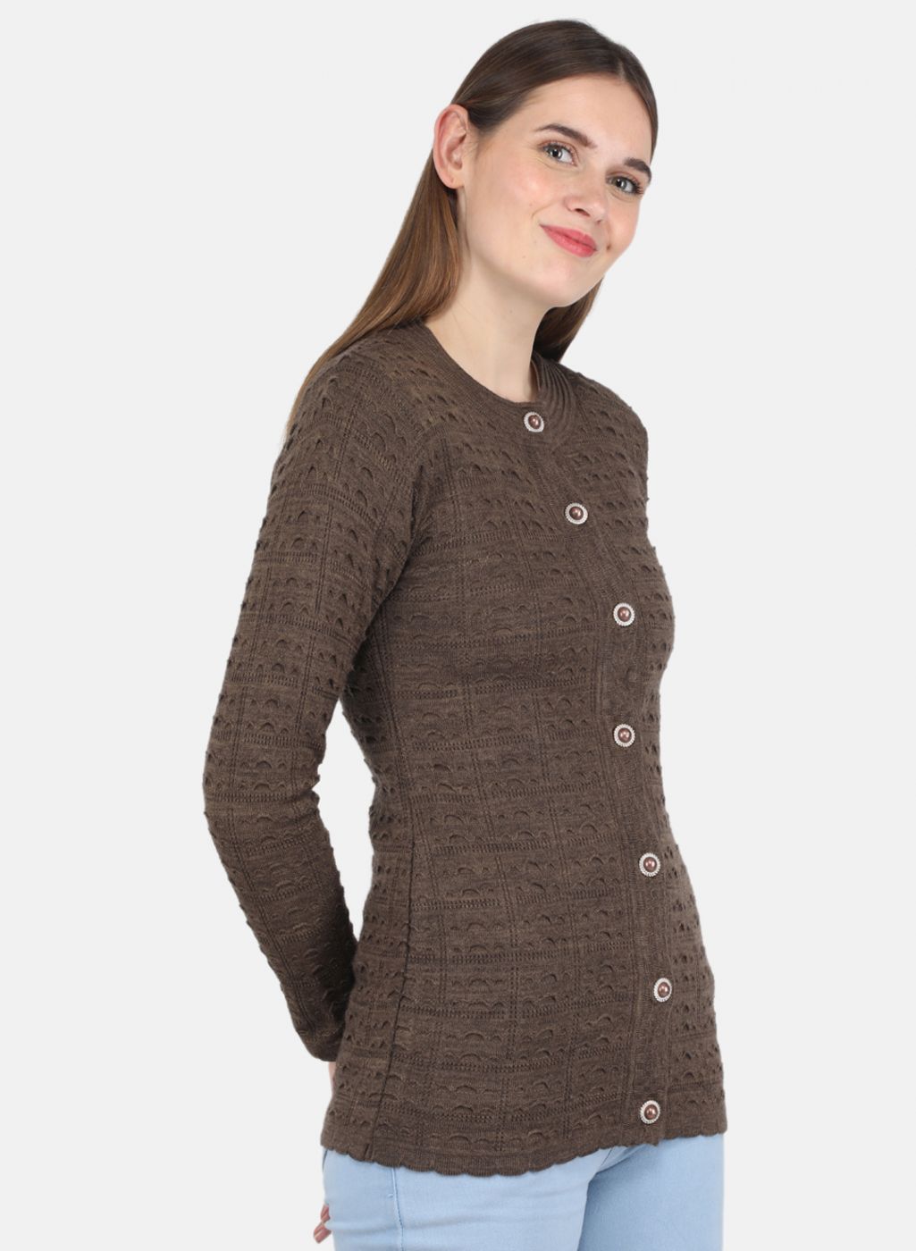 Women Brown Self design Cardigan