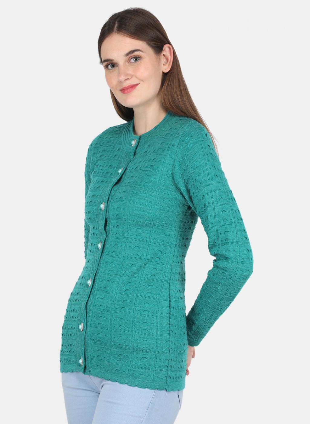 Women Green Self design Cardigan