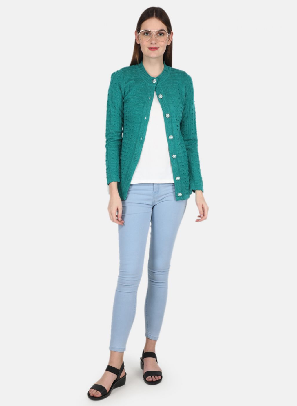 Women Green Self design Cardigan