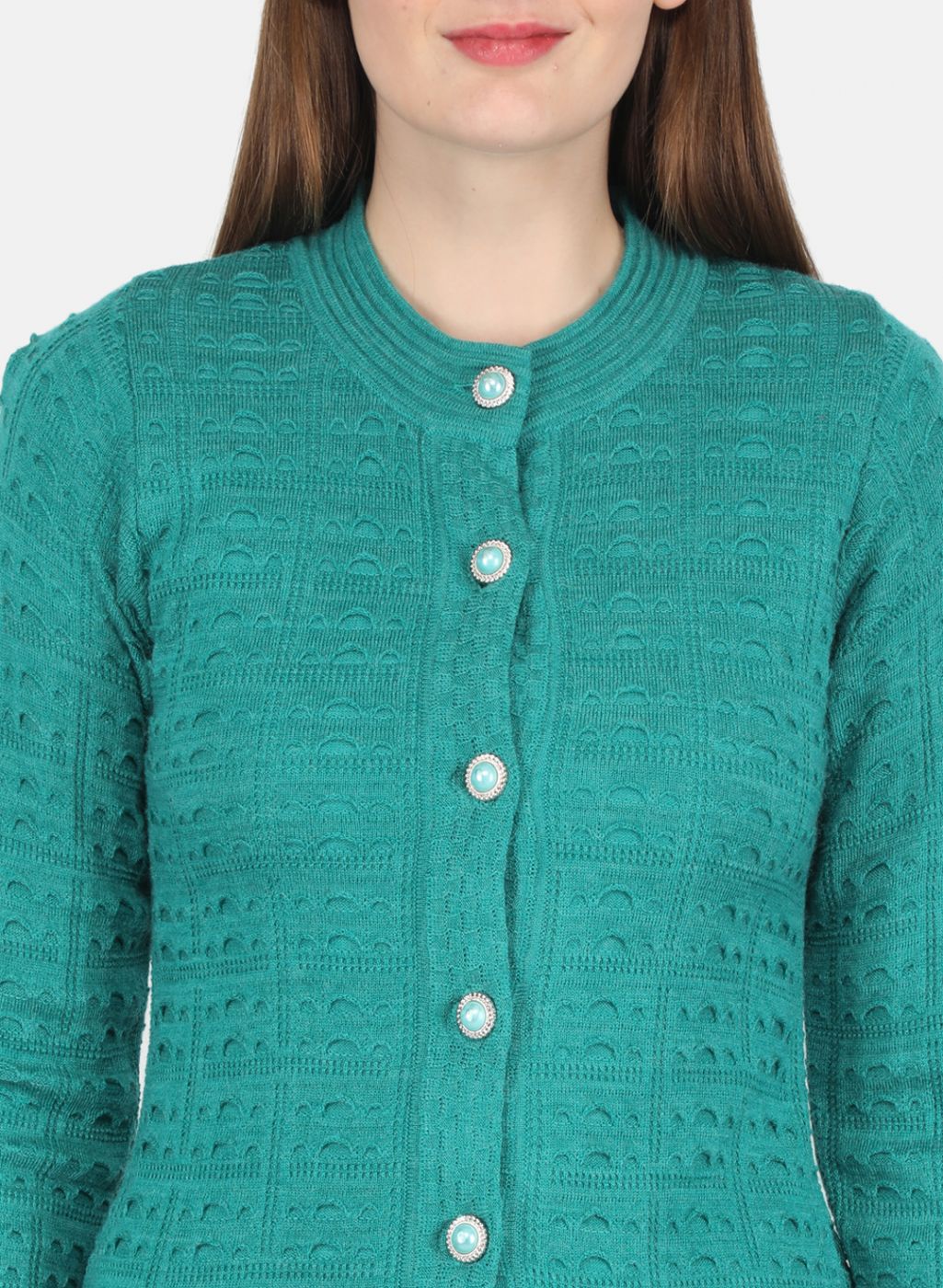 Women Green Self design Cardigan