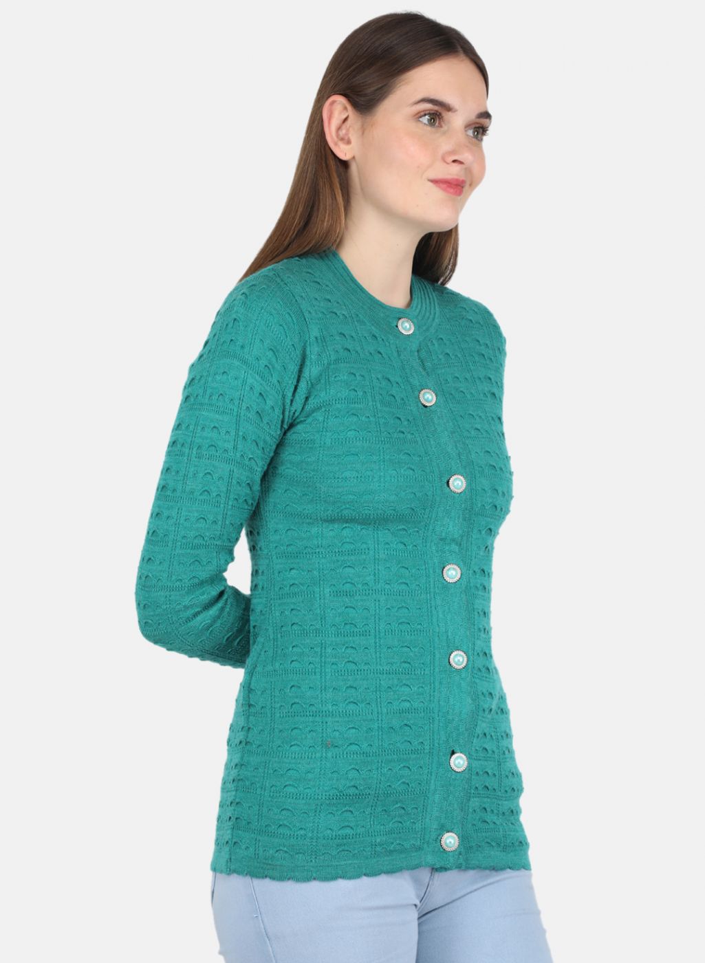 Women Green Self design Cardigan