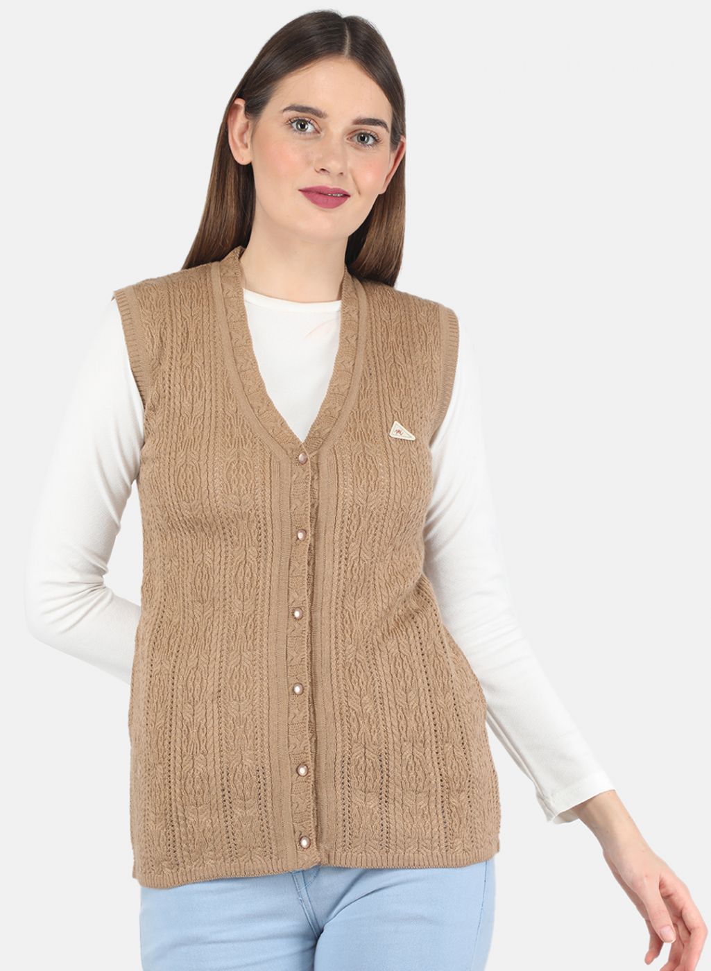 Women Beige Self design Cardigan