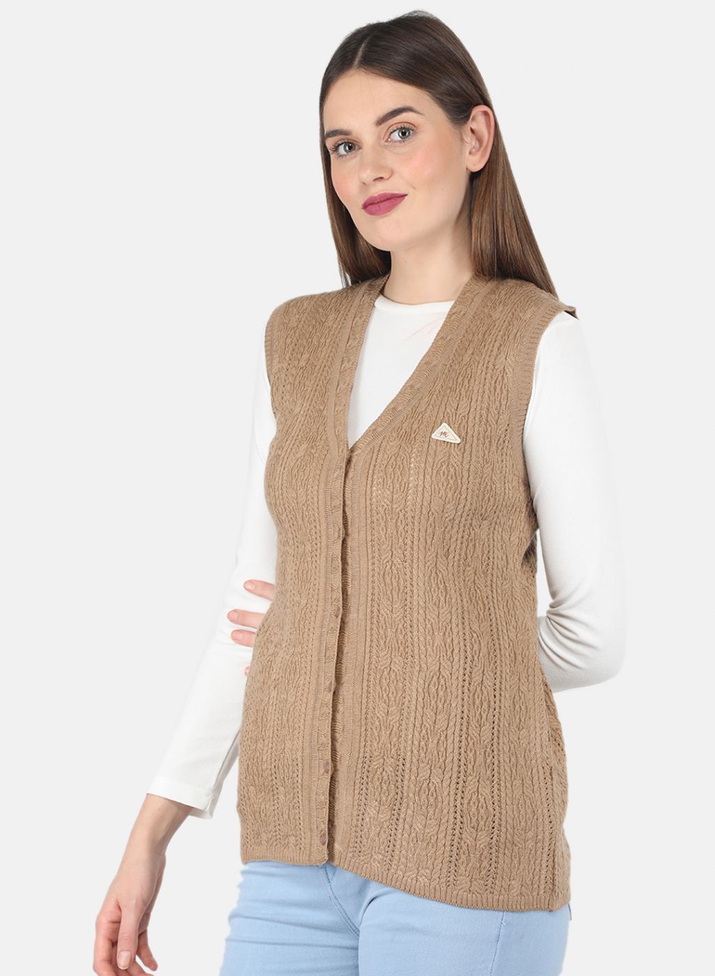 Women Beige Self design Cardigan