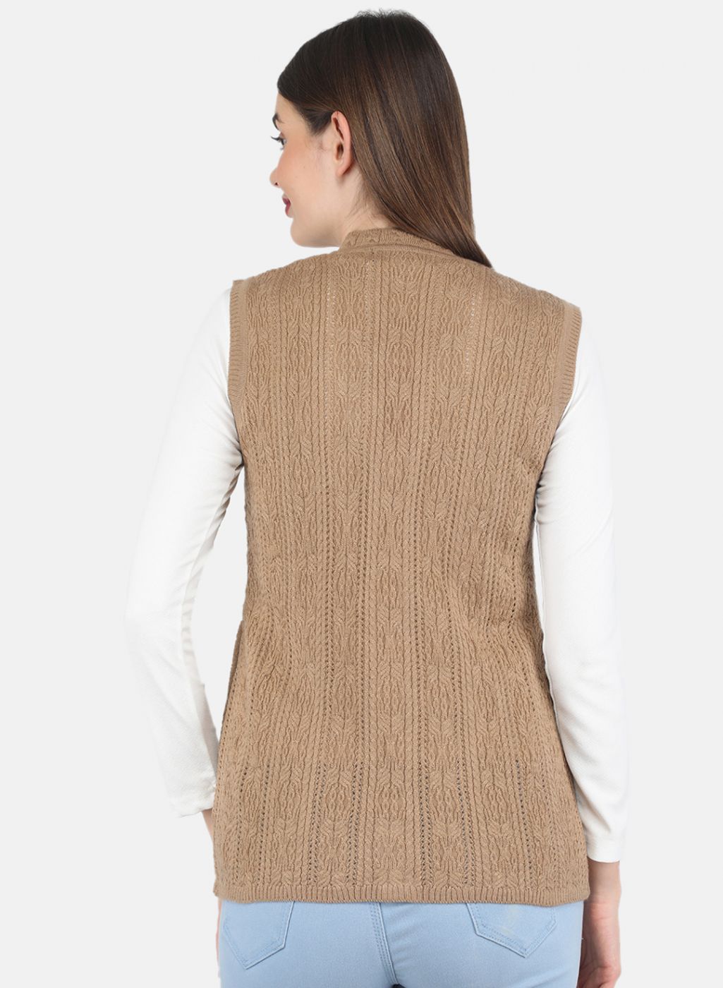 Women Beige Self design Cardigan