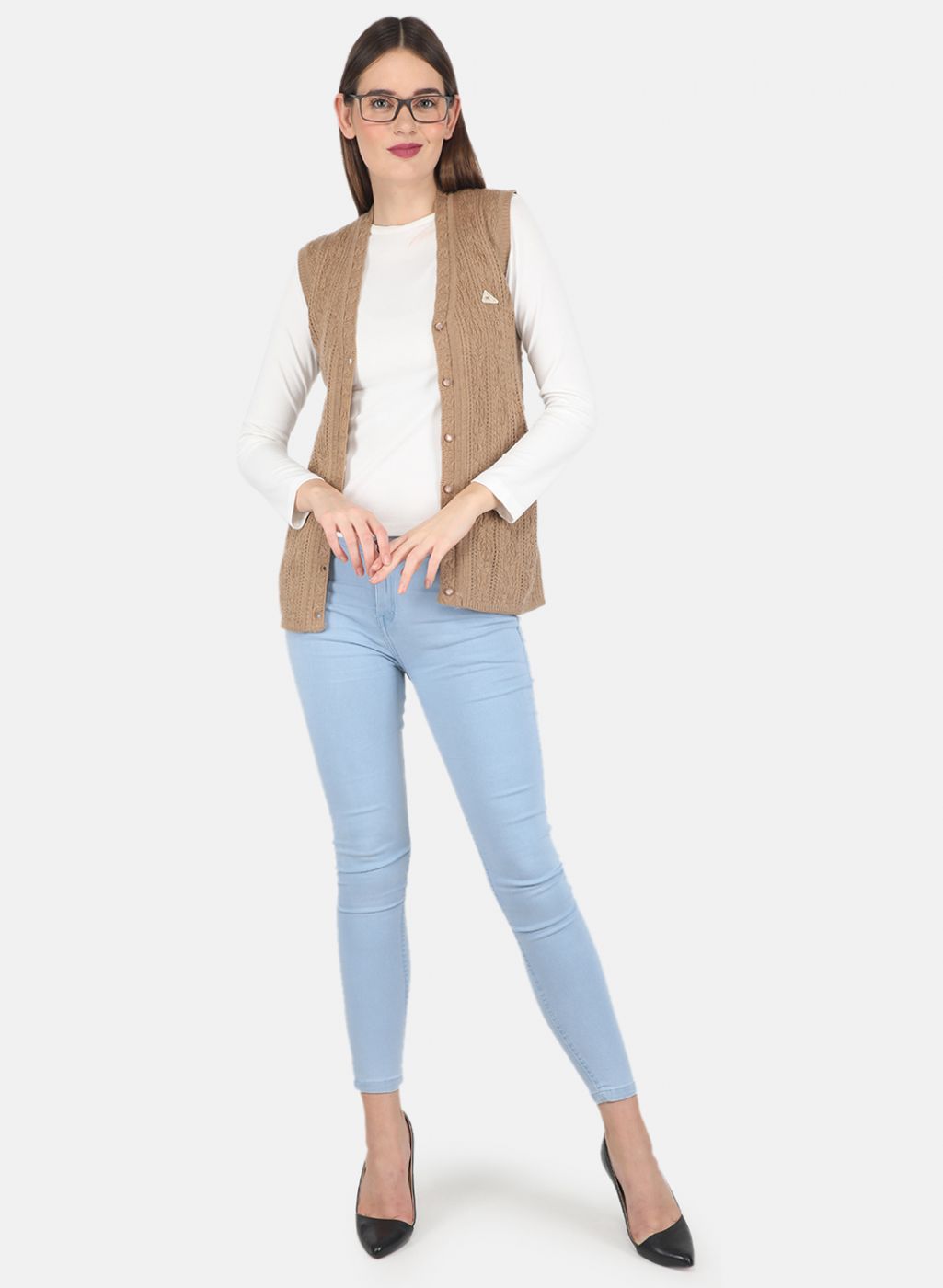 Women Beige Self design Cardigan