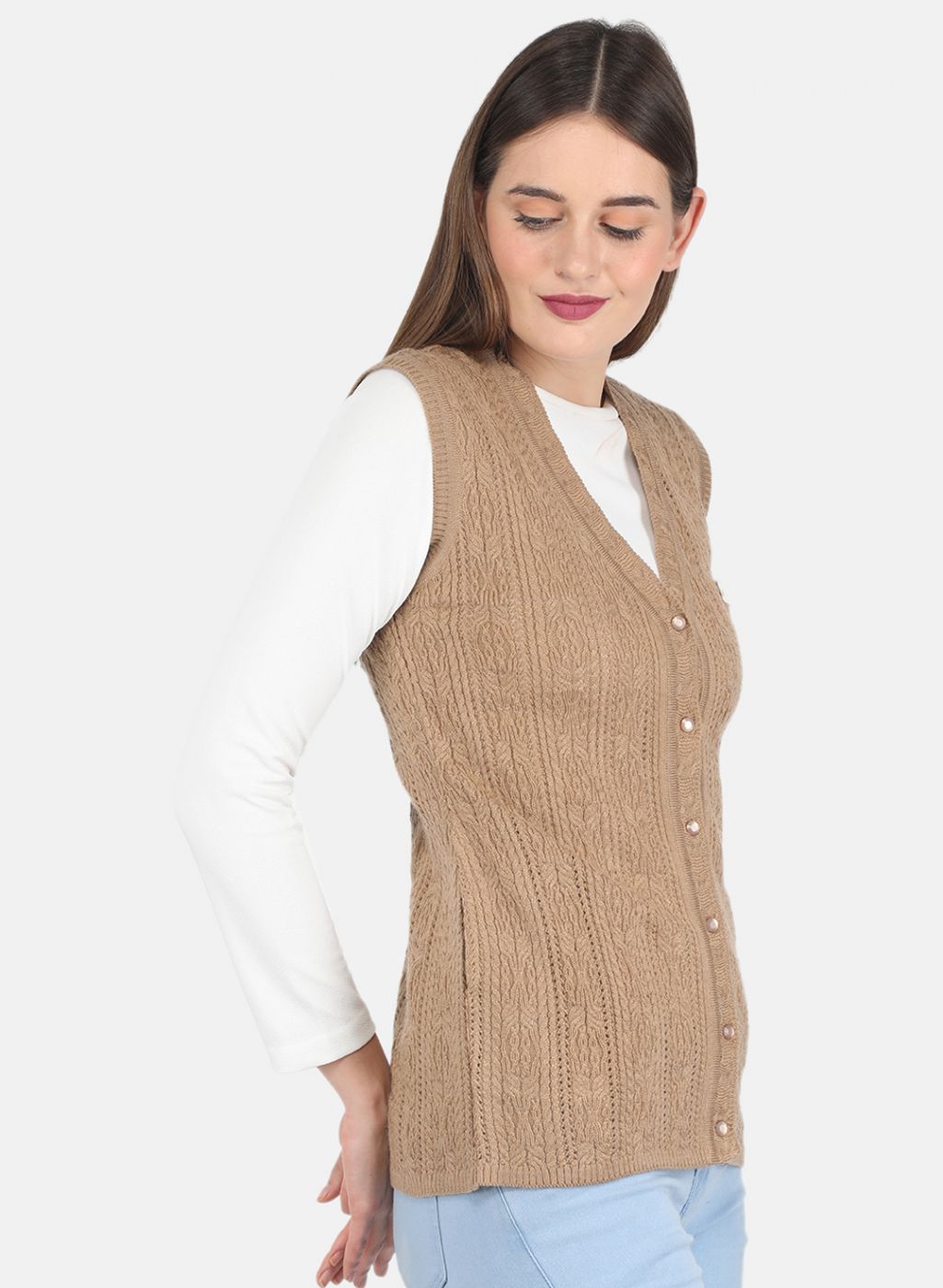 Women Beige Self design Cardigan