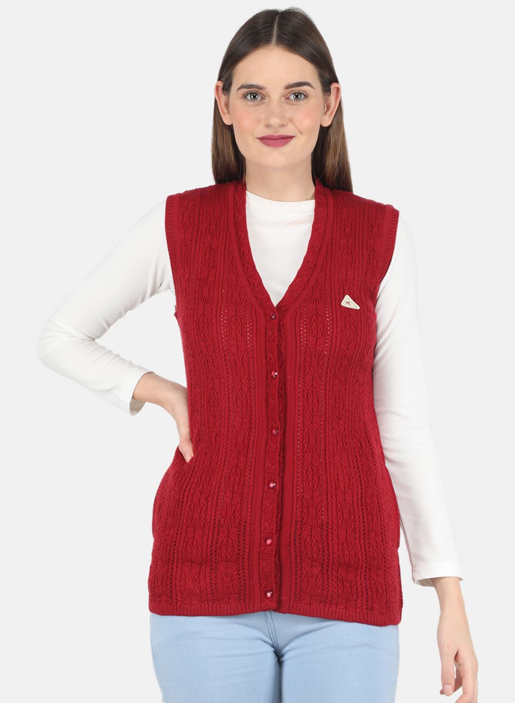 Women Maroon Self design Cardigan