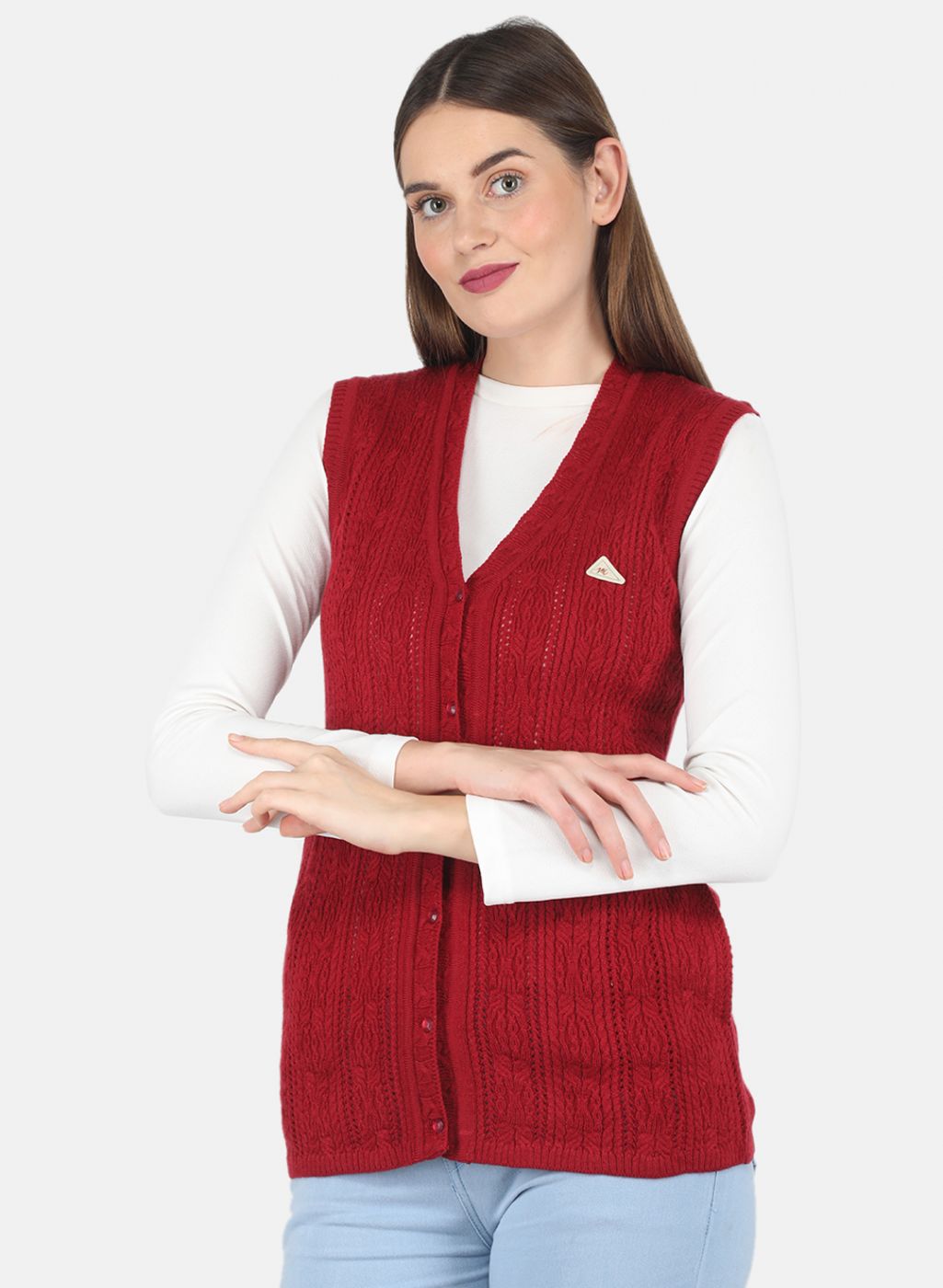 Women Maroon Self design Cardigan