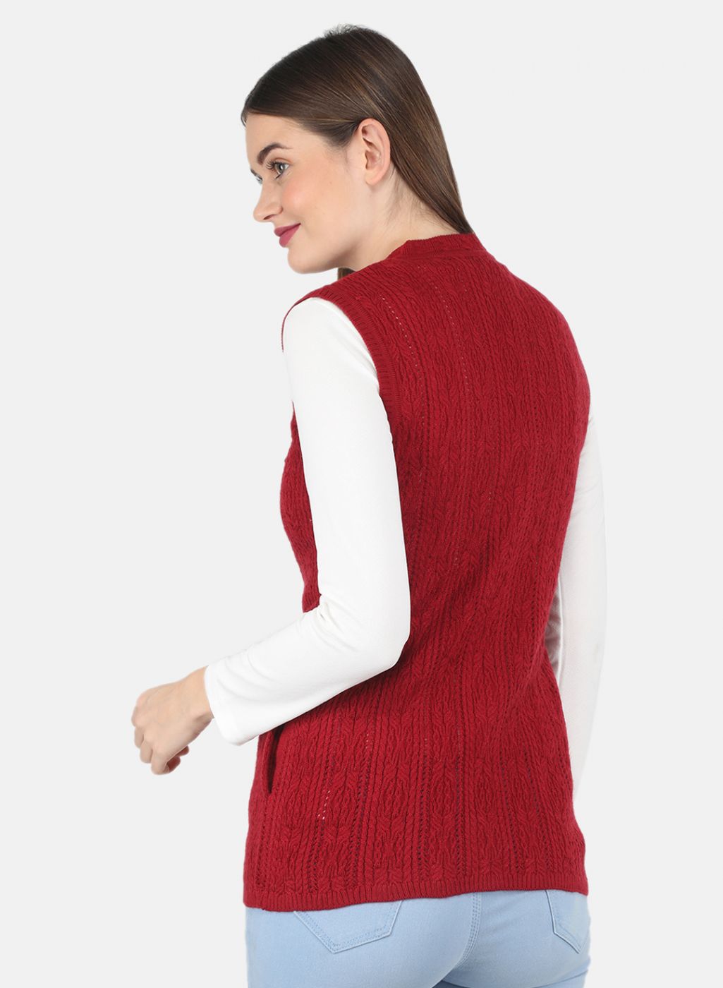 Women Maroon Self design Cardigan