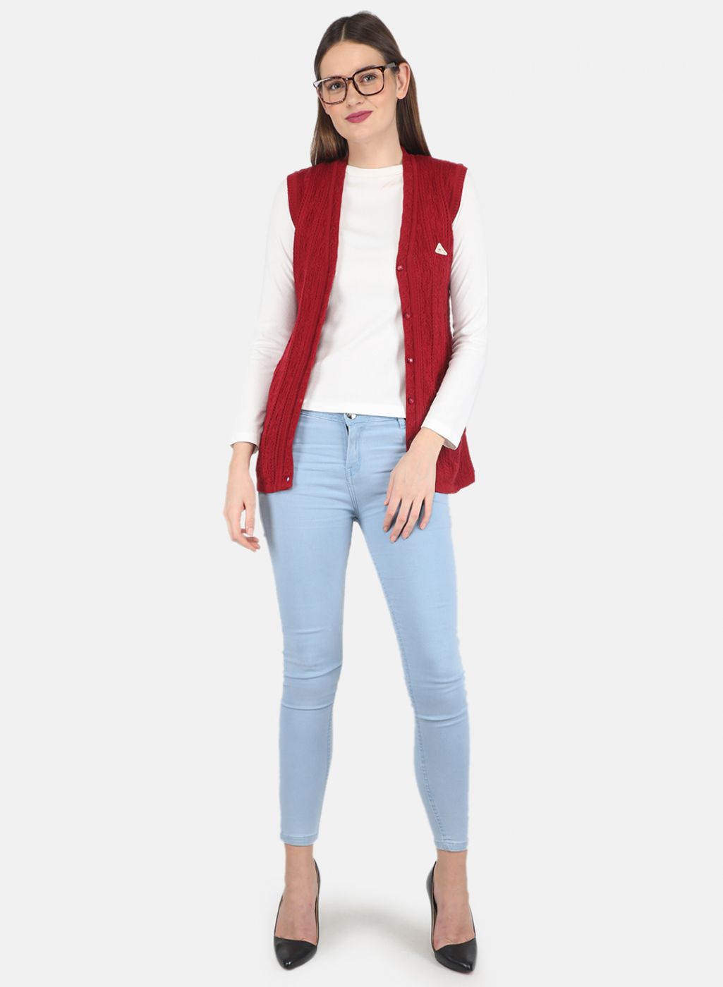 Women Maroon Self design Cardigan