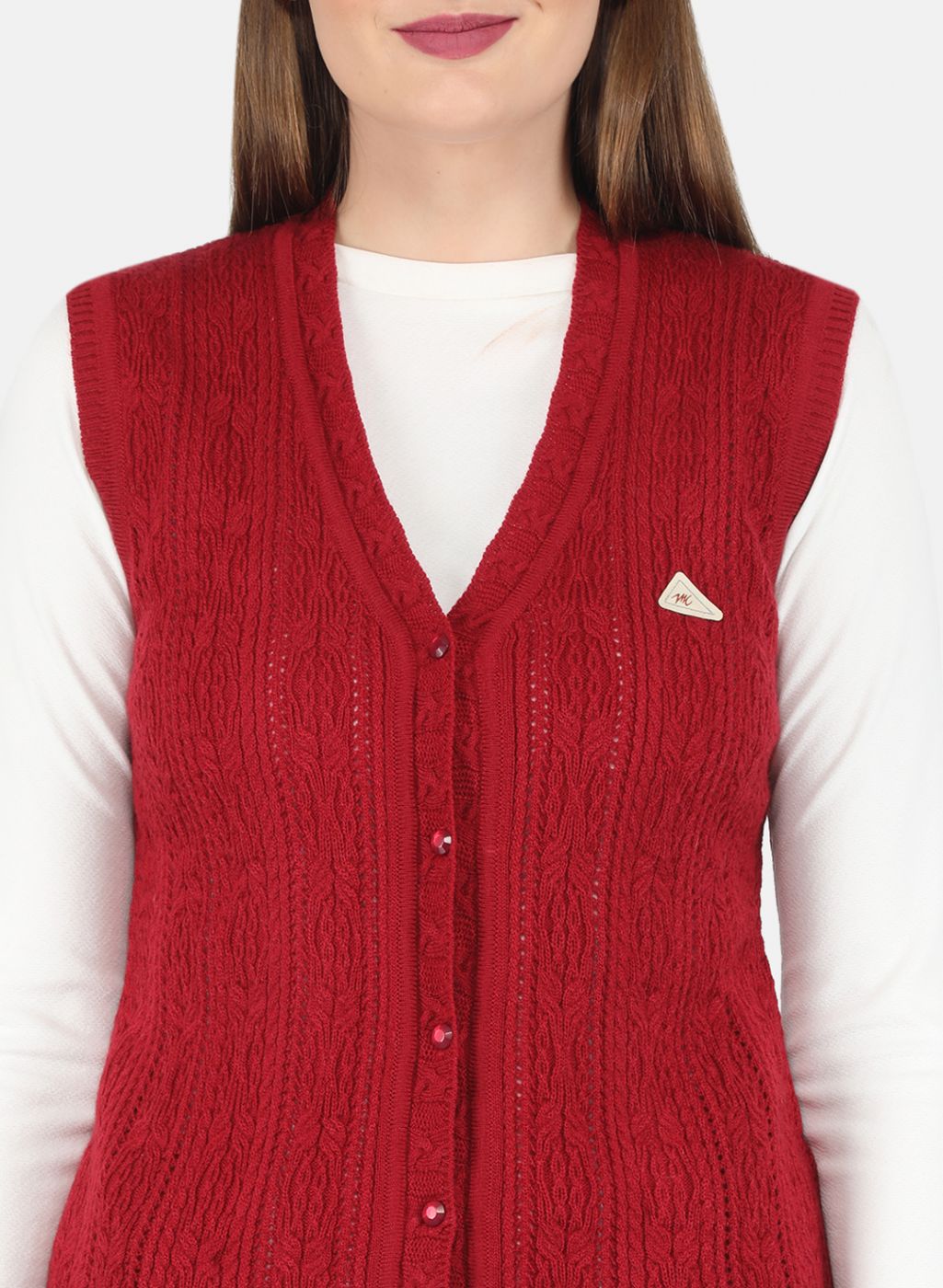 Women Maroon Self design Cardigan