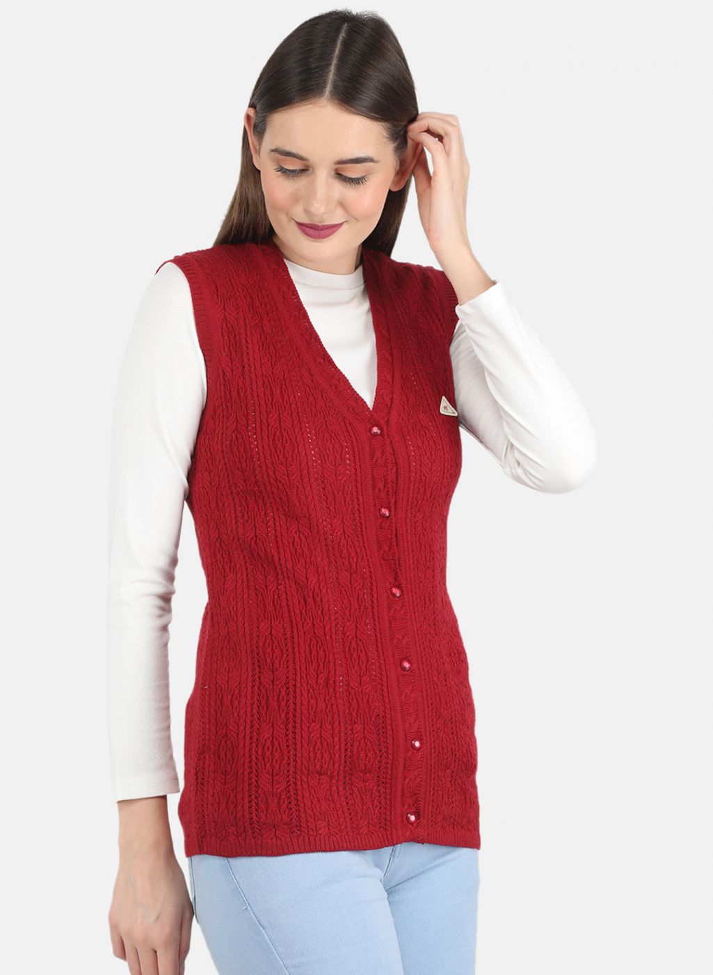 Women Maroon Self design Cardigan