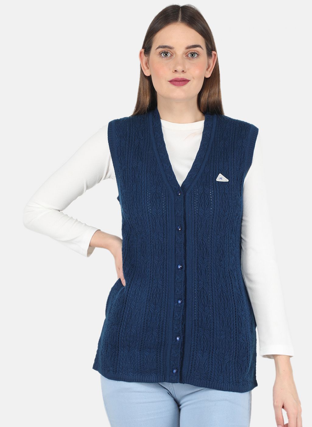 Women Blue Self design Cardigan