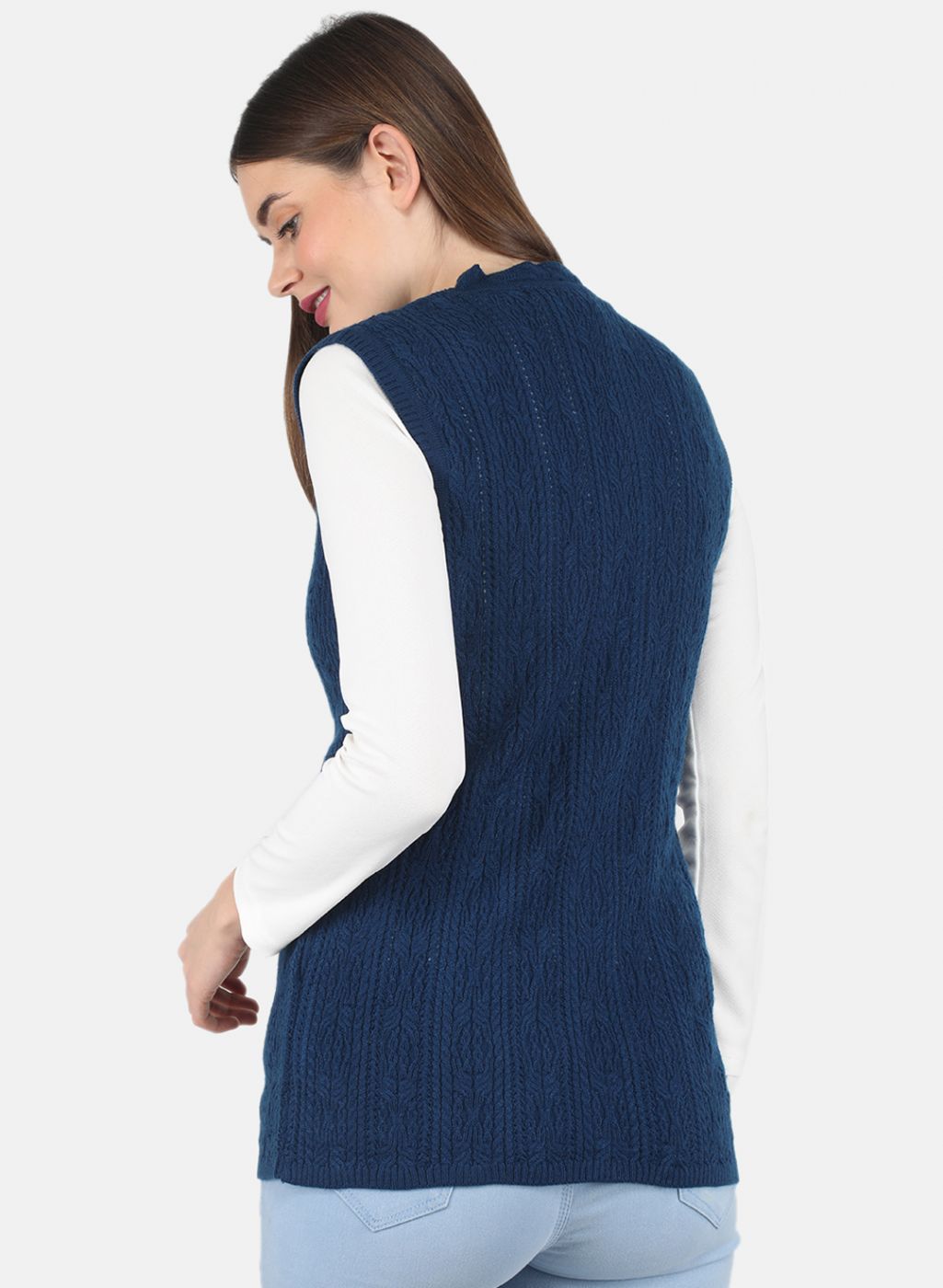 Women Blue Self design Cardigan