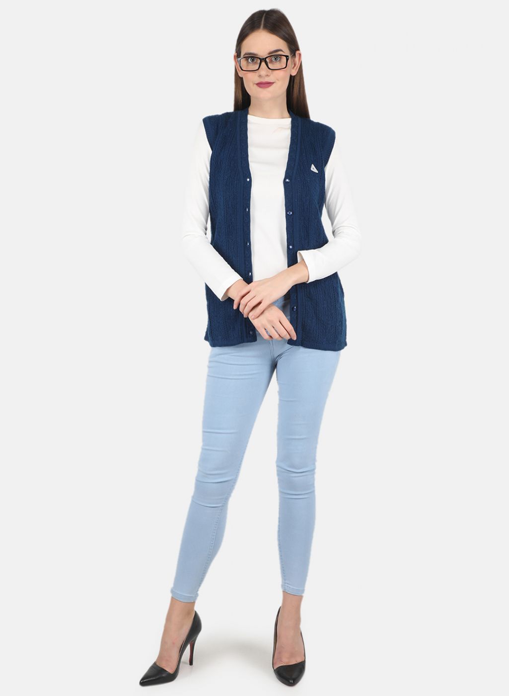 Women Blue Self design Cardigan