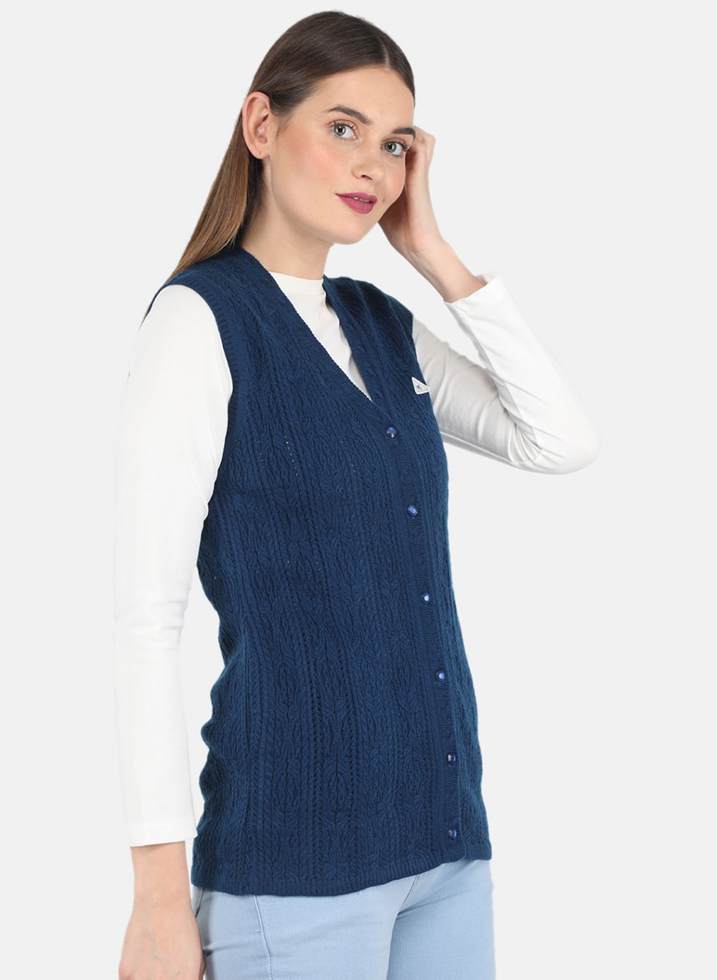 Women Blue Self design Cardigan