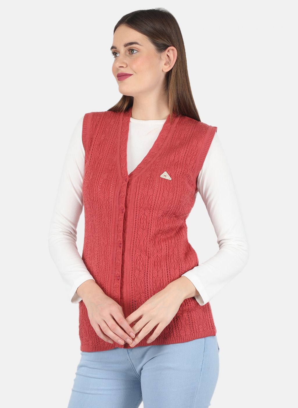 Women Red Self design Cardigan