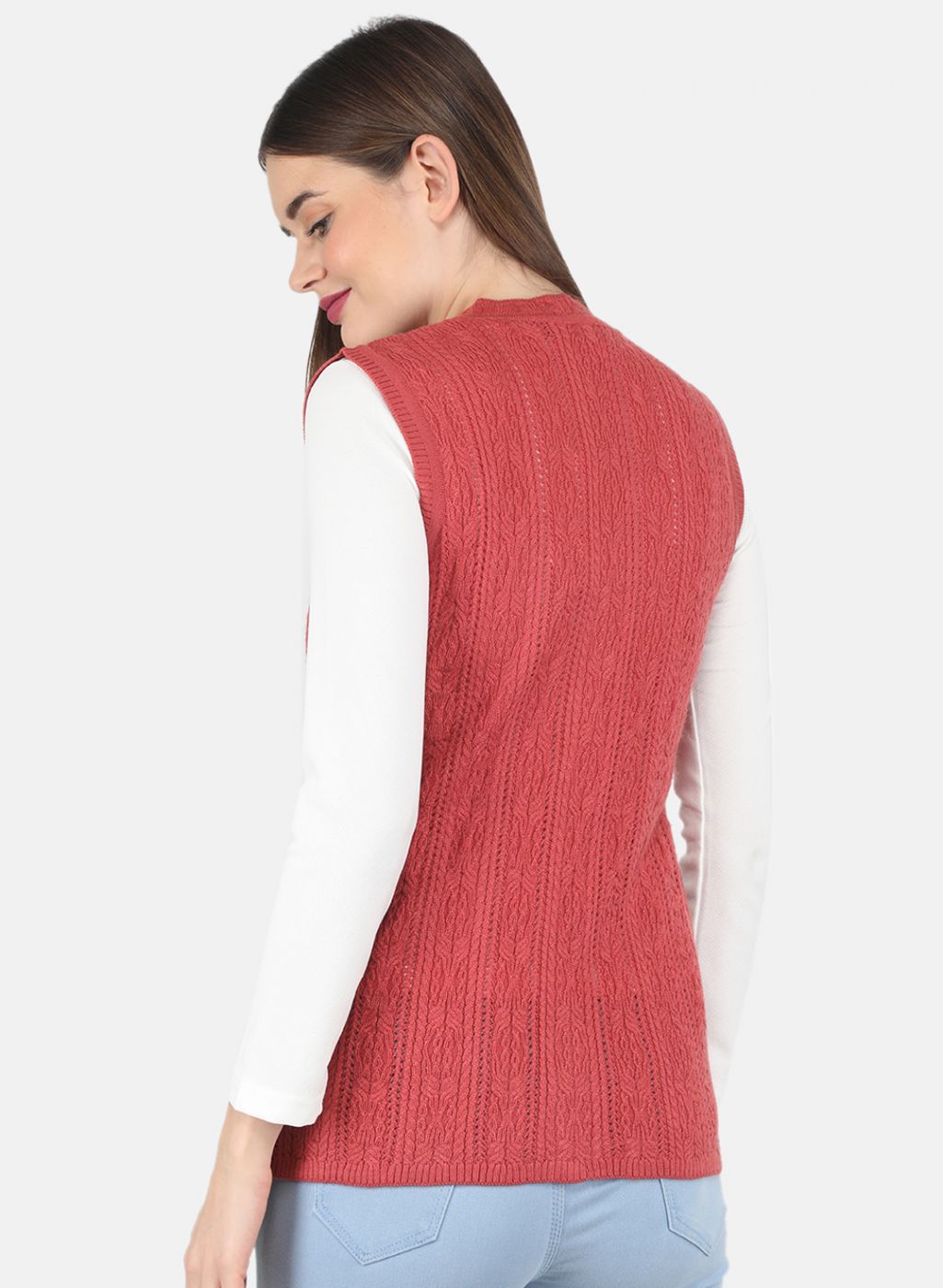 Women Red Self design Cardigan