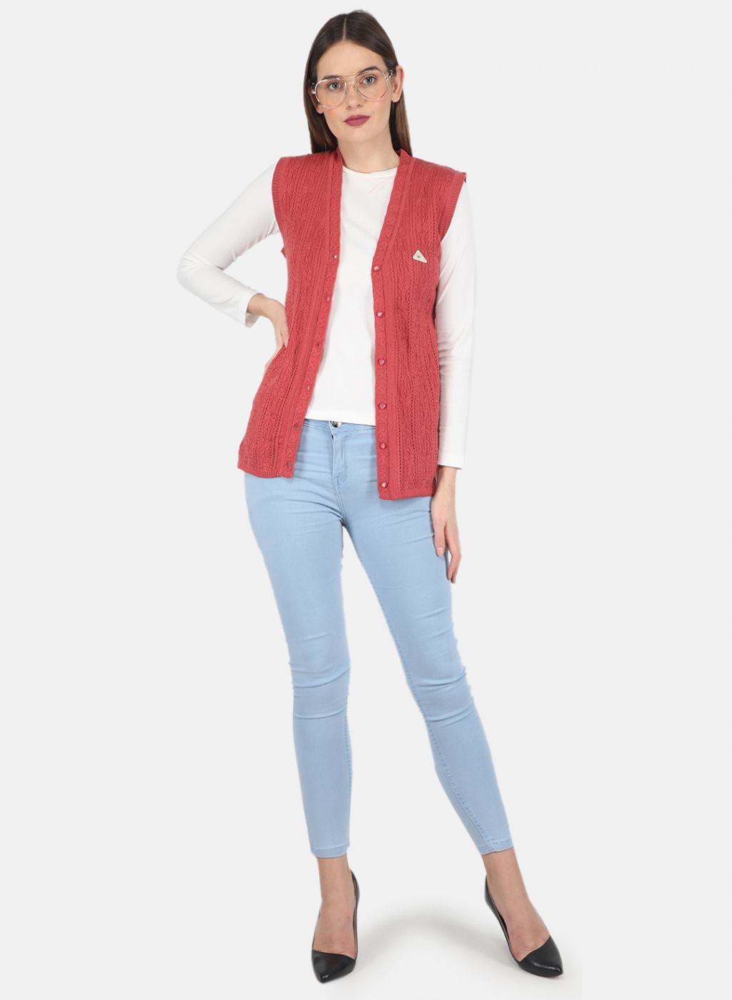 Women Red Self design Cardigan