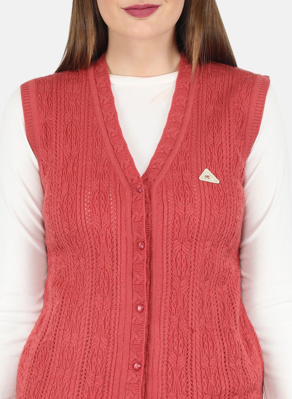 Women Red Self design Cardigan