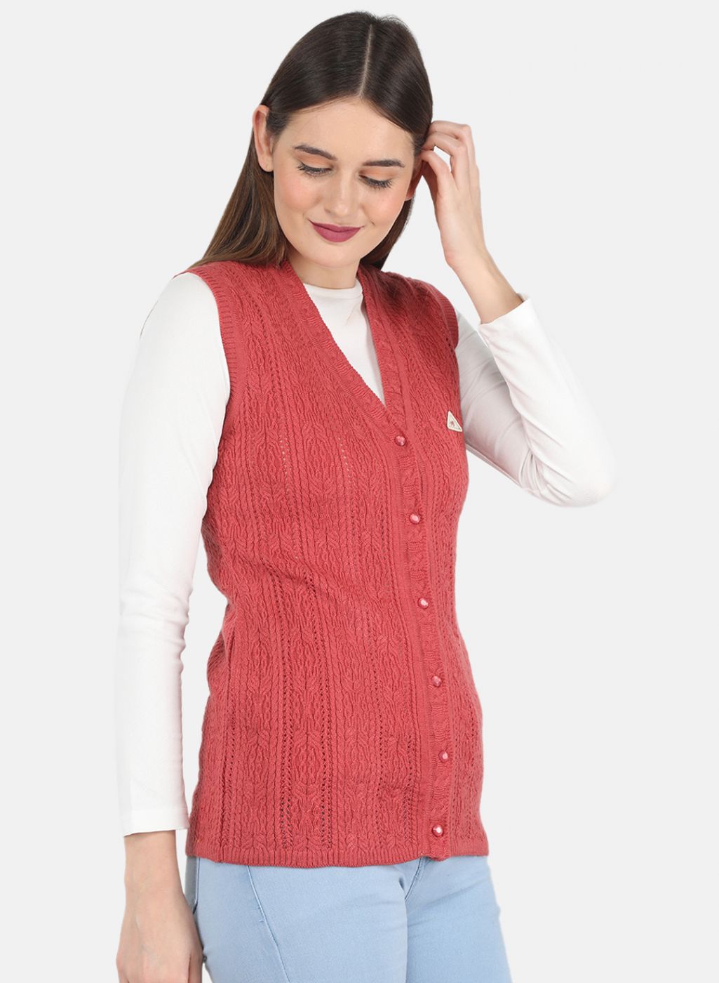 Women Red Self design Cardigan