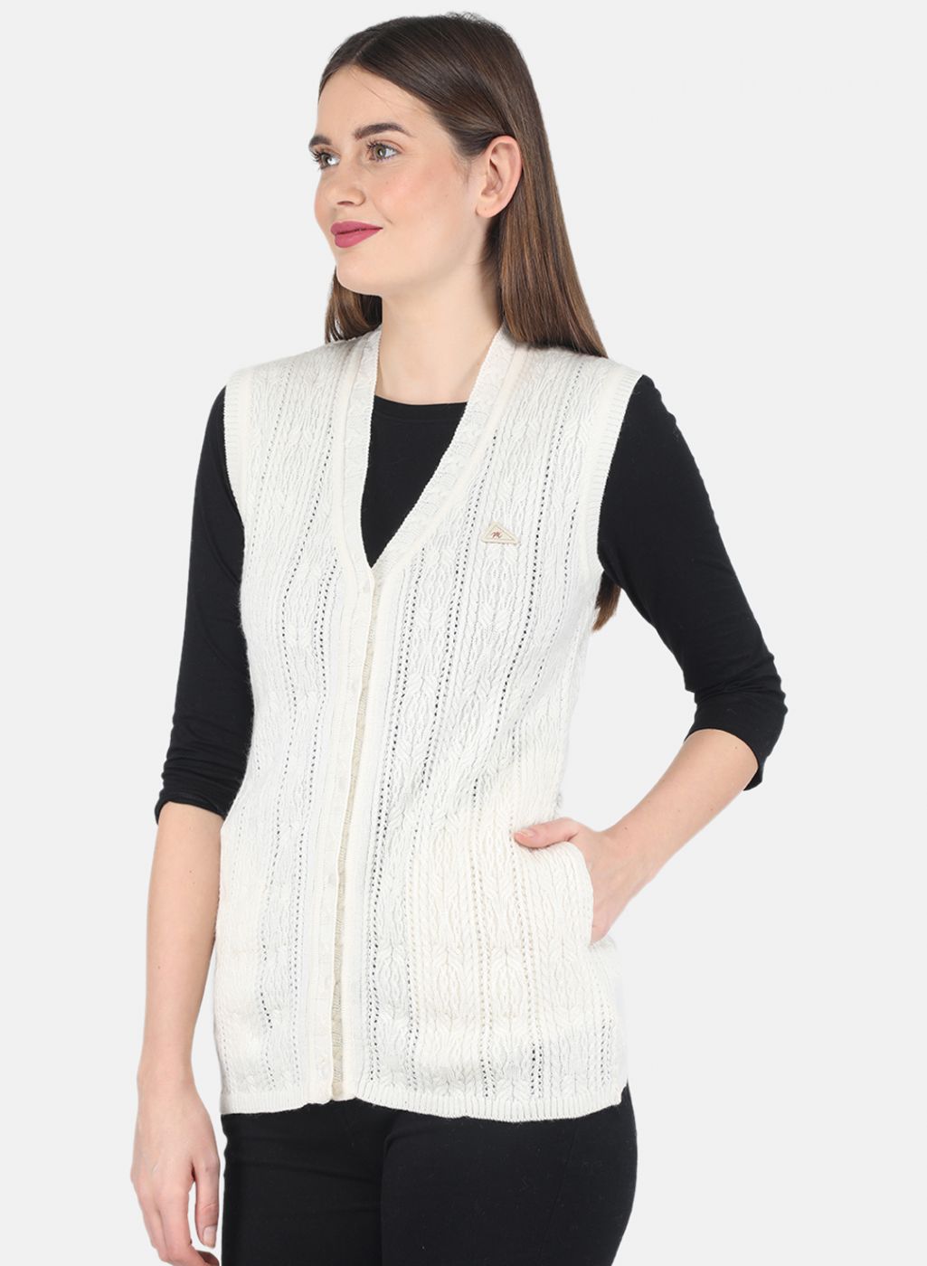 Women Off White Self design Cardigan