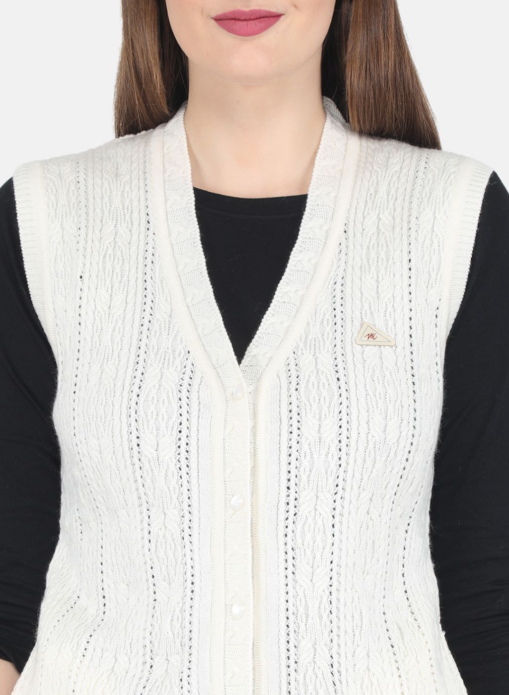 Women Off White Self design Cardigan