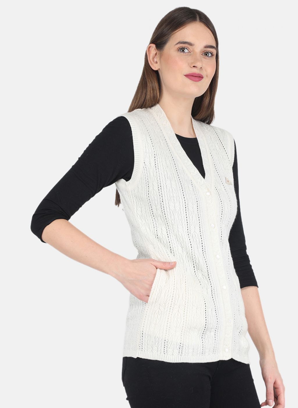 Women Off White Self design Cardigan