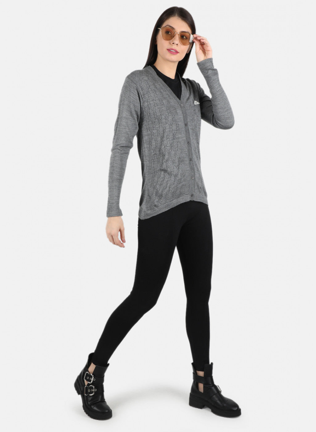 Women Grey Self Design Cardigan