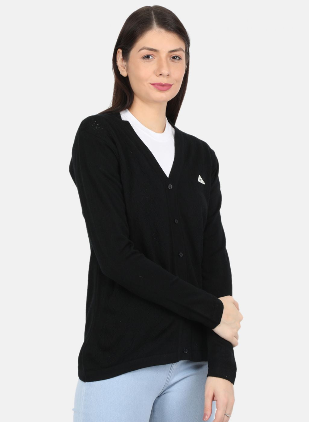 Women Black Self Design Cardigan