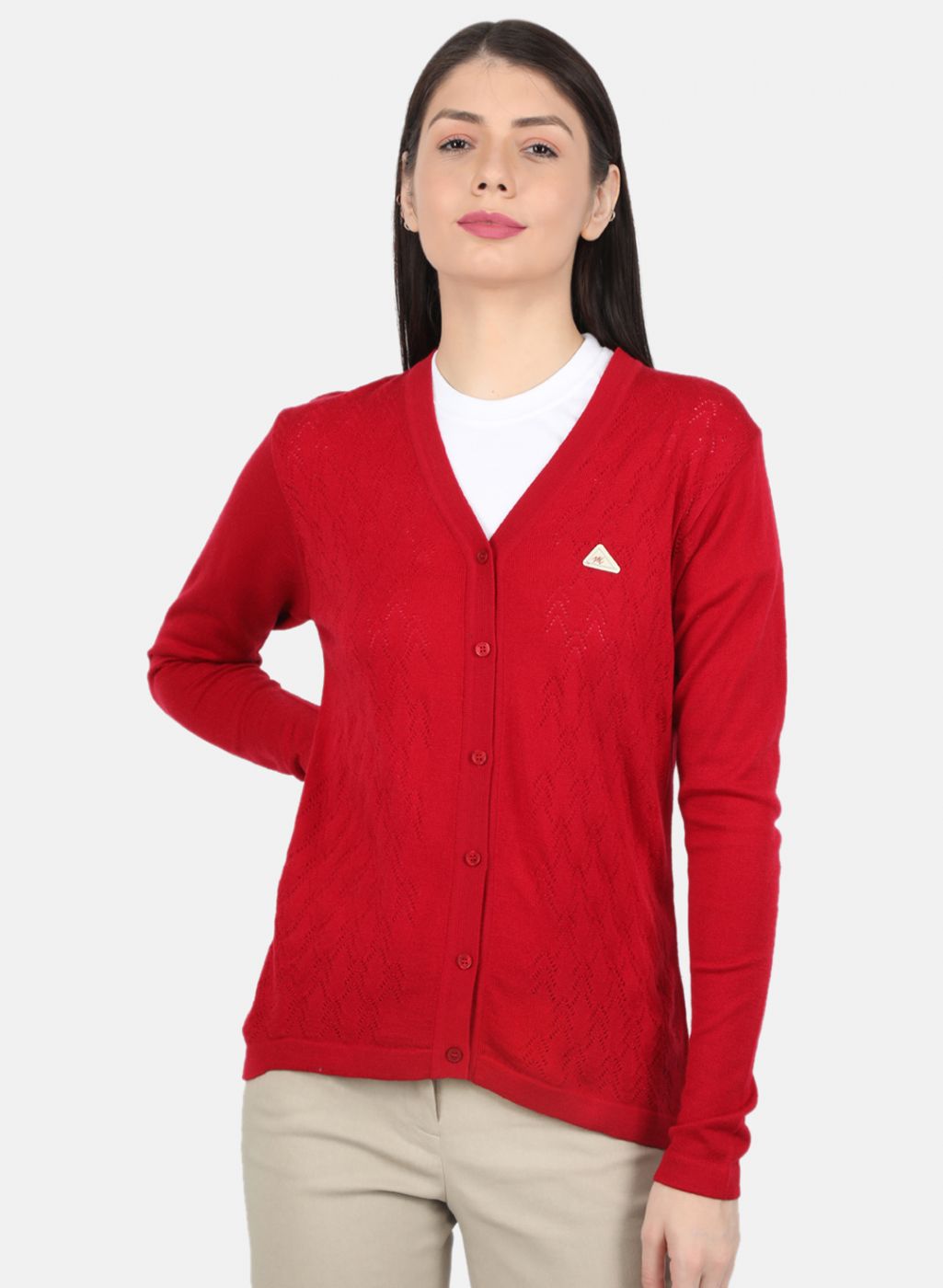 Women Red Self Design Cardigan