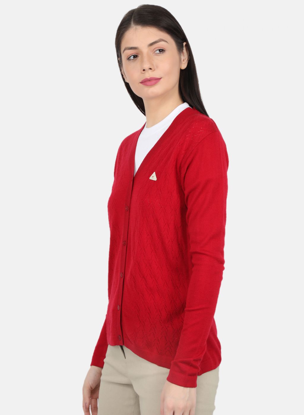 Women Red Self Design Cardigan